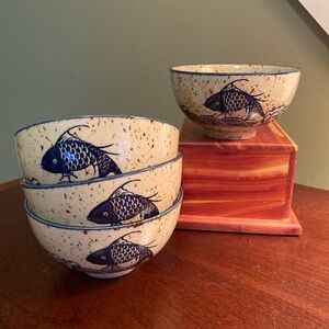 Japanese Koi Fish Ceramic Rice Bowls Set Of 4 Tan Speckled Glaze 4.5” Blue Fish
